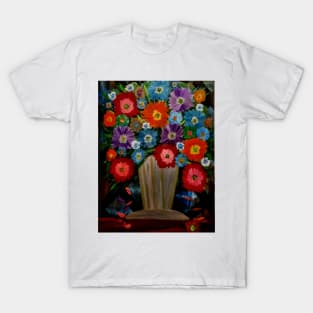 Some abstract carnations and mixed flowers in a  gold vase T-Shirt